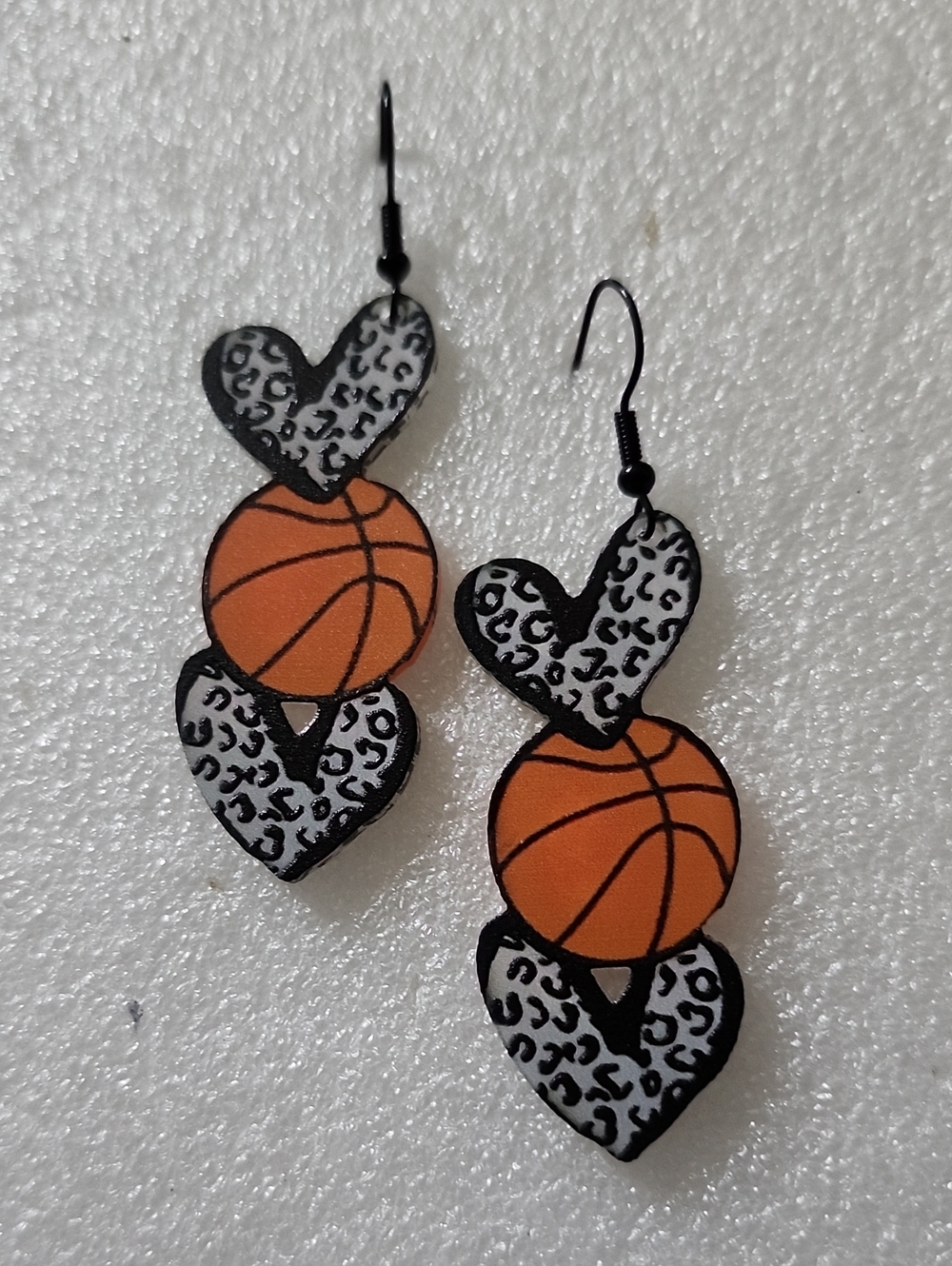 Hand Crafted Orange Basketball and Black-White Leopard Heart Dangle Earrings